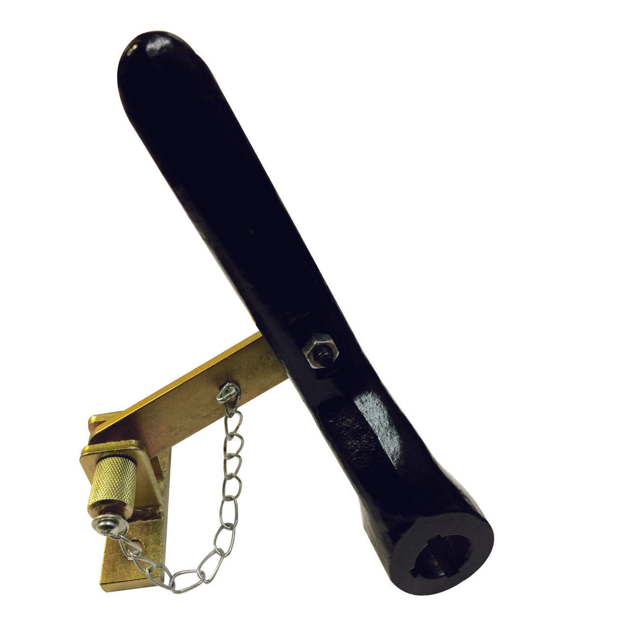 The PIERCE black manual crank handle with brass base and chain, designed for PS654 winches, serves as a clutch latch for free spool on the 654 Series Electric Worm Gear Winches.