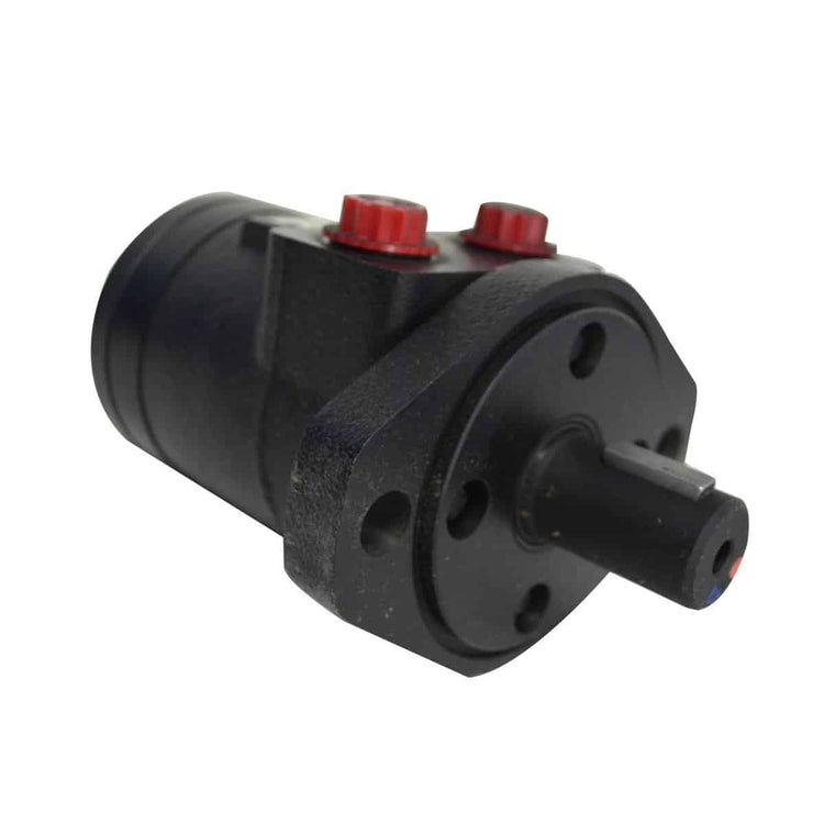 The PS654 series black hydraulic motor, featuring mounting holes and two red caps, is robust and ideal for integrating into systems such as the PIERCE Conversion Kit for switching electric to hydraulic worm gear winches.