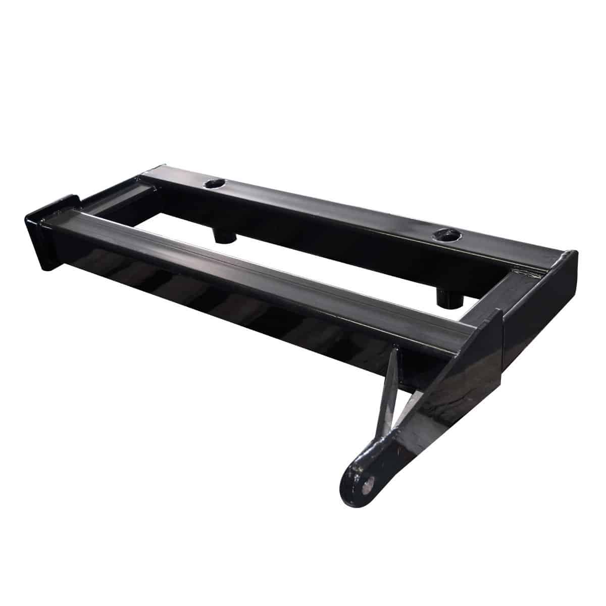 Angled view of the PIERCE black metal Drop Hinge for Bolt-In Bale Spear with hooks, slots, and added versatility.