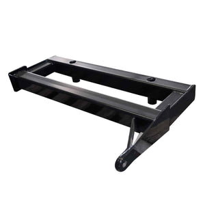Angled view of the PIERCE black metal Drop Hinge for Bolt-In Bale Spear with hooks, slots, and added versatility.