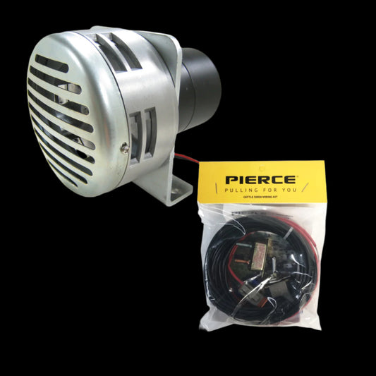Silver vehicle horn next to packaged wiring labeled PIERCE Heavy Duty Cattle Siren.