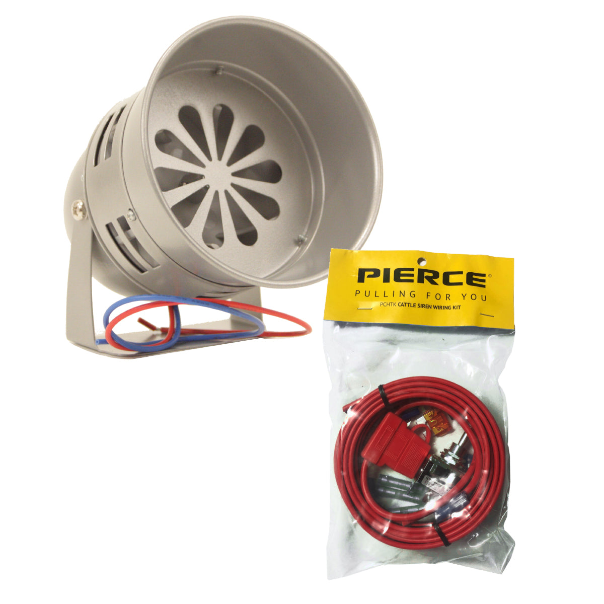 12-volt metal cattle siren with colorful wires, paired with a PIERCE brand standard duty cable kit featuring red cables.